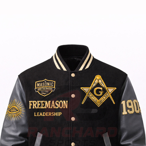 Veste universitaire personnalisée d'inspiration maçonnique – Corps en laine de qualité supérieure avec manches en cuir PU et symboles brodés - Product Image 2