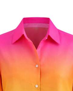 Camisa de Manga Larga para Mujer, Color Degradado de Rosa Intenso a Naranja, Amarillo y Azul, Estilo Casual para Oficina, Fabricante de Blusas Personalizadas OEM - Product Image 5