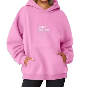 Sweat à capuche rose oversize pour femme, manches longues, couleur unie, logo sur le devant, volants, poches, respirant, en coton tricoté, vêtement d'hiver - Product Image 1