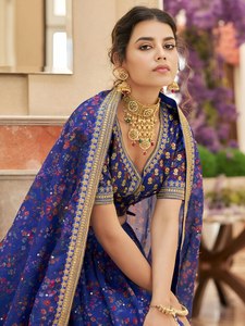 Blue Floral Organza Maxi Lehenga Choli Summer Evening Dress with <b>Sequin</b> Embroidery Dupatta Bollywood Wedding Outfit - Product Image 2
