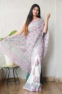 Saris en coton et lin à motifs imprimés artistiques modernes avec chemisier en lin pour un look charmant pour les femmes lors de festivals et de mariages - Product Image 2