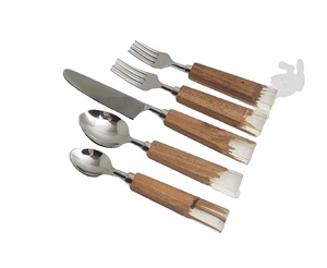 Ensemble de couverts en acier inoxydable poli miroir Ensemble de couverts en résine de couleur marron et blanc et manche en bois Vaisselle Ensemble de couverts - Product Image 1