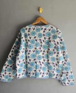 <b>Quilted</b> <b>Jacket</b> Women Floral Embroidery Cotton V Neck Three Quarter Sleeve Spring Style White Blue <b>Pattern</b> gift for her - Product Image 6