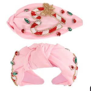 Serre-tête en tissu rose avec broderie perlée en forme de canne à sucre, fait main, style Noël doux - Product Image 1