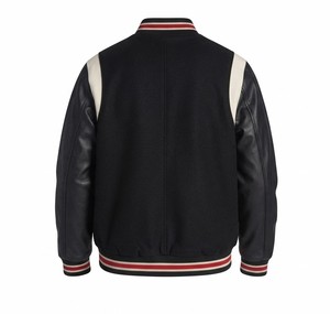 Men's <b>Black</b> Woven Motorcycle Varsity <b>Jacket</b> with Custom Embroidered Logo Front Zip Closure Casual Spring Wear - Product Image 2
