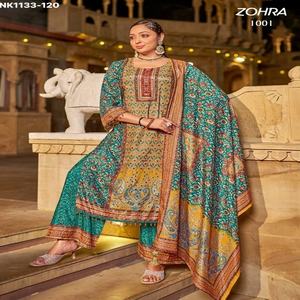 Colección Premium: Nueva variedad de trajes pakistaníes listos para usar, modelo Jam Satin con estampado y trabajo de espejo. Compra en línea en India. - Product Image 1