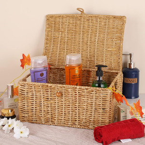 Handwoven Water Hyacinth Seagrass <b>Storage</b> <b>Basket</b> with Lid <b>Rectangular</b> Wicker Organizer Box Rattan Desktop Bathroom Office Bins. - Product Image 2