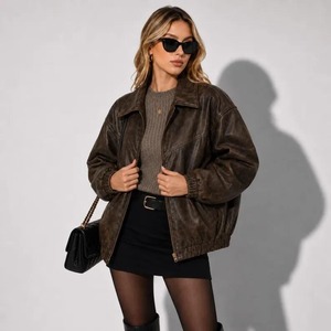 <b>Women</b>’s <b>Brown</b> <b>Leather</b> <b>Jacket</b>, Oversized Vintage <b>Jacket</b>, Relaxed Fit Bomber <b>Jacket</b>, Distressed <b>Brown</b> Outerwear - Product Image 5