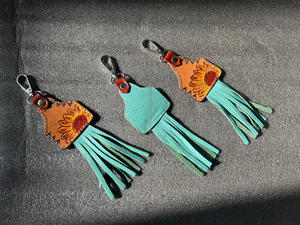 Porte-clés Western en cuir taillé à la main Turquoise Fringe Porte-clés en cuir véritable de haute qualité Porte-clés tournesol Cowgirl Porte-clés - Product Image 5