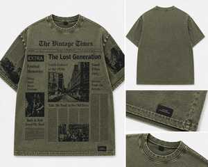 Men’s Vintage Washed T-<b>Shirt</b> with Newspaper Print Oversized Streetwear Tee Custom Graphic Cotton Top with <b>Leather</b> Hem Label - Product Image 3