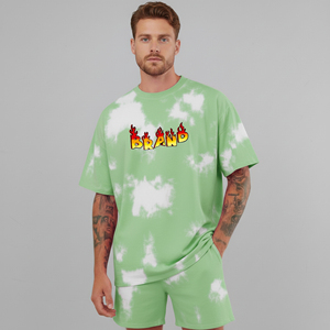 Wholesale 100% Cotton acid wash men's <b>2</b> <b>piece</b> <b>set</b> Loose Fit Custom 3D Puff Printed Logo Breathable Eco-Friendly man short <b>set</b> - Product Image 3