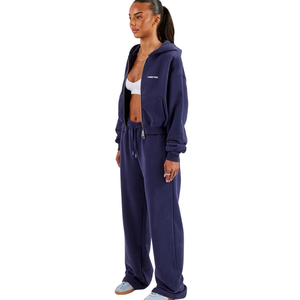 Conjunto de chándal con capucha y cremallera completa para mujer, pantalones anchos rectos con cordón en la cintura y dobladillo fruncido, conjunto de dos piezas para descanso, viajes y uso urbano - Product Image 5