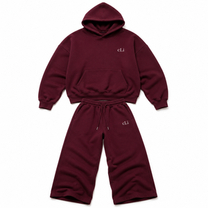 Conjuntos a juego oversize color burdeos: Sudaderas con capucha de corte holgado y pantalones de chándal de pierna ancha, de felpa de algodón de 450 GSM de alto gramaje, estilo streetwear, con logotipo personalizado. - Product Image 5