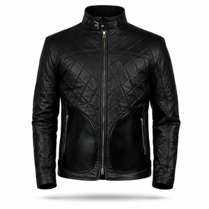 Veste en cuir matelassée noire pour homme, col montant, ceinture, fermeture éclair, style motard, cuir véritable, imperméable, respirante - Product Image 2