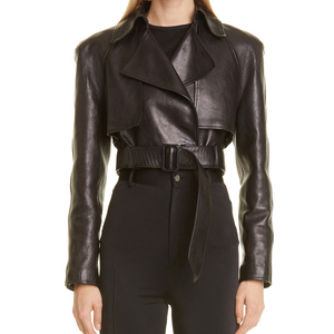 Women's Genuine <b>Leather</b> <b>Blazer</b> Full Sleeve Spread Collar Belted Closure Solid Color Autumn Wear Short Length - Product Image 1