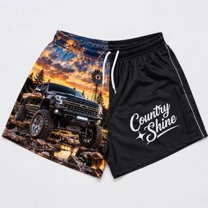 Shorts pour hommes Country Shine avec logo imprimé sur le devant, motif camion et montagne bleu, séchage rapide, cordon de serrage, décontracté, sport - Product Image 3
