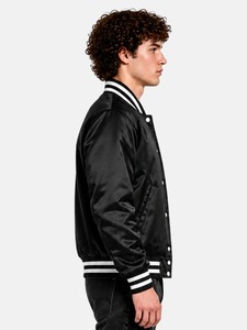 Veste universitaire en satin noir avec bordure à rayures blanches Coupe classique Style décontracté universitaire Col rabattu Fermeture à boutons - Product Image 3