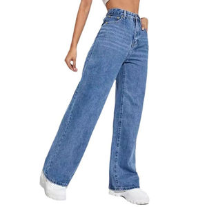 Pantalones vaqueros de mezclilla azul oscuro al por mayor para mujer, de alta elasticidad, con borlas largas, estilo holgado de pierna ancha acampanada, casual, con logo en la cintura. - Product Image 2