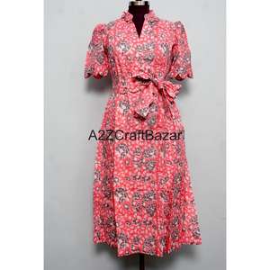 Robe décontractée confortable en tissu 100% coton pour filles, femmes, dames, col en V, manches courtes, coupe évasée, pour la plage, les fêtes, design tendance - Product Image 1