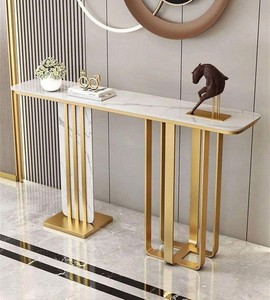 Luxury Hotel Lobby Decorative <b>Console</b> - Premium Gold Metal & <b>Marble</b> Entryway <b>Table</b> for Grand Foyers - Product Image 3