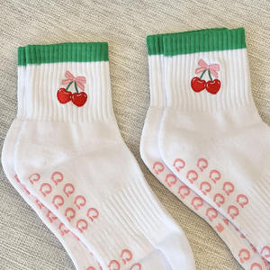 Comfortable Standard Thickness Women's Yoga Socks Custom Logo Cherry Bows Embroidery Pilates Grip Anti <b>Slip</b> Socks Studios - Product Image 1