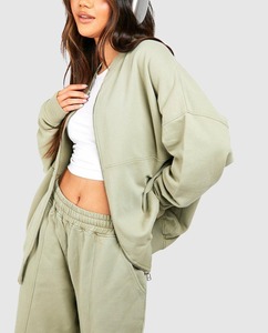Ensemble de survêtement 2 pièces OEM pour femme, automne-hiver, veste zippée oversize et pantalon de jogging taille haute, uni, pour la course et le cyclisme - Product Image 3