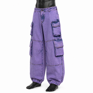 Custom Wholesale Purple Baggy Denim Cargo <b>Jeans</b> High Quality Multi Pocket Streetwear Pants <b>with</b> <b>Elastic</b> Hem - Product Image 1