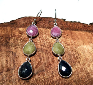 925 Sterling Silver Multi <b>Sapphire</b> Gemstone Dangle <b>Earrings</b> <b>Blue</b> Yellow Pink Teardrop Bohemian Style Wedding Engagement Party - Product Image 6