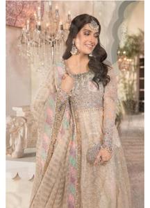Elegante traje Anarkali de gasa beige bordado, manga larga, cuello barco, largo hasta el suelo, corte en A, vestido para la madre de la novia - Product Image 5