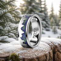 Bague de mariage pour homme en tungstène argenté de 8 mm avec incrustation motif Aurore Boréale et Forêt, ajustement confortable, vente en gros