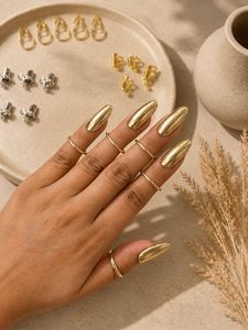 Ensemble de bagues pour femmes en métal multicolores de luxe, minimalistes, empilables, couleur or, bijoux tendance - Product Image 3