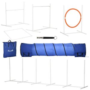 Set di 8 Pali Regolabili per Agility con Anelli di Salto, Scatola Quadrata per Pausa, Attrezzatura per Addestramento Cani, Fischietto e Percorso a Ostacoli - Product Image 1