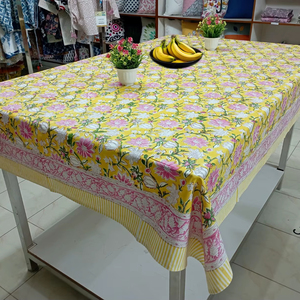 Nappe de table rectangulaire en coton jaune de luxe, imprimée au bloc, faite à la main en Inde, pour la maison et l'hôtellerie, écologique - Product Image 1