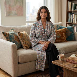 Kimono de algodón floral azul estilo bohemio, manga larga, cuello en V, estampado a bloques, bata de descanso con cinturón, ropa de resort, pareo de playa - Product Image 3