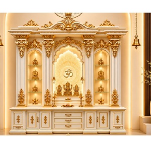Armoire de rangement de temple domestique de luxe en or blanc, éclairage LED, en teck fait main, design moderne, mobilier de temple Pooja pour la maison - Product Image 1