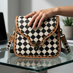 Vintage Genuine Leather Lightweight Shoulder Bag Black White Diamond Lattice Pattern Single Strap Lock Closure All Seasons Carry - Product Image 5