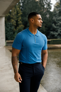 เสื้อโปโลแขนสั้นผู้ชายสีน้ำเงินทรงสลิมฟิตสีทึบสไตล์สมาร์ทแคชชวล - Product Image 4