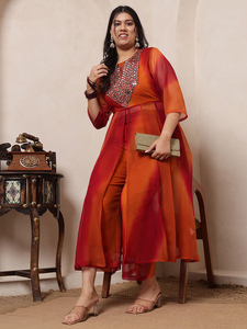 ชุดเดรส Anarkali ผ้าจอร์เจตต์ลายไล่สีสำหรับผู้หญิงจาก DEEBACO ความยาวระดับข้อเท้า พร้อมกางเกง Palazzo สไตล์ลำลอง ระบายอากาศได้ดี ชุดเซ็ตแฟชั่นทันสมัย - Product Image 1