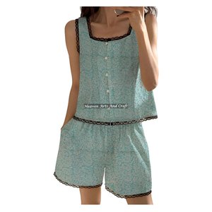 Conjunto de pijama de algodón para mujer con estampado floral a mano, camisón con encaje y pantalones cortos, ideal para primavera/verano, sin mangas, con estampado de bloques. - Product Image 4