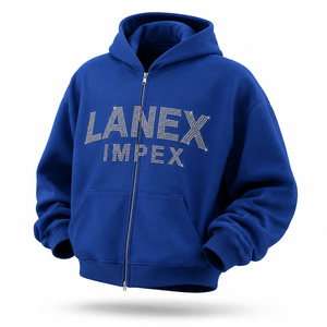 Sweat à capuche zippé personnalisé bleu avec strass pour hommes et femmes, style streetwear oversize, imprimé lettres en cristal, vente en gros - Product Image 2