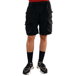 Custom Mens Black Cargo Shorts Elastic Waist Multi Flap Pockets <b>Back</b> <b>Patch</b> Pocket Loose Fit Streetwear OEM Bulk Wholesale - Product Image 1