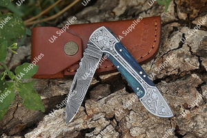 OEM Wholesale Professional Hand Engraved Damascus Steel Folding Pocket <b>Knife</b> Wood Epoxy Handle Leather Sheath Foldable Tactical - Product Image 6