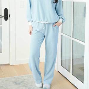 Custom Womens <b>Light</b> Blue Striped Tracksuit Set Heavyweight Crewneck Sweatshirt Straight Leg Pants Streetwear Lounge Wear Suit - Product Image 2