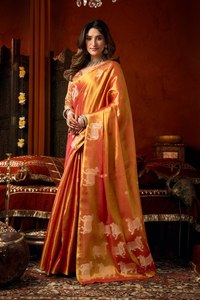 Premium All-Over Floral Weaving Banarasi <b>Tissue</b> Silk Sarees Ethnically Designed Ethnic Bandanas for <b>Wedding</b> Collections - Product Image 3