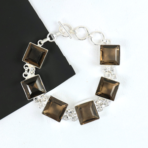 Best Selling Vintage Style Sterling Silver Plated Smoky Quartz Square <b>Stone</b> Toggle Clasp Link <b>Bracelet</b> Bohemian Ethnic Jewelry - Product Image 4
