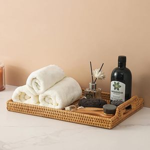 Plateau de service rectangulaire en rotin avec poignées, plateau de petit-déjeuner en osier tressé, plateau de service décoratif pour cuisine et table basse - Product Image 5