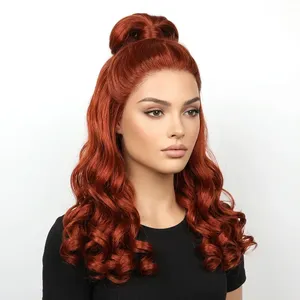 Long Dark Root Red Ombre Human Hair <b>Wig</b> With Natural Wave Texture Silk Base HD Transparent - Product Image 4