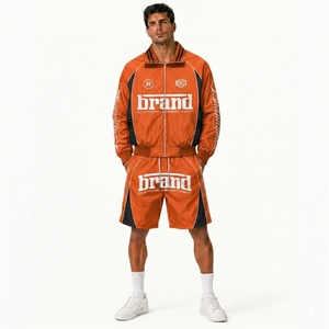 2026 Custom Logo Brand Men's Orange Windbreaker Shorts Set Woven Satin Breathable Casual Sporty Zipper Outerwear Spring Wear - Product Image 6