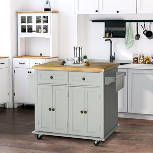 Carrello da Cucina Mobile Grigio in MDF Resistente con Piano in Legno di Gomma, Cassetti Portaoggetti, Portaspezie/Portasciugamani per Sala da Pranzo - Product Image 2