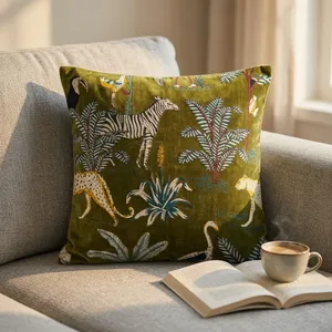 Olive Green <b>Velvet</b> Eco-Friendly Woven <b>Cushion</b> <b>Cover</b> with Vintage Print Removable & Washable All-Season for Hotel Home Decor - Product Image 4